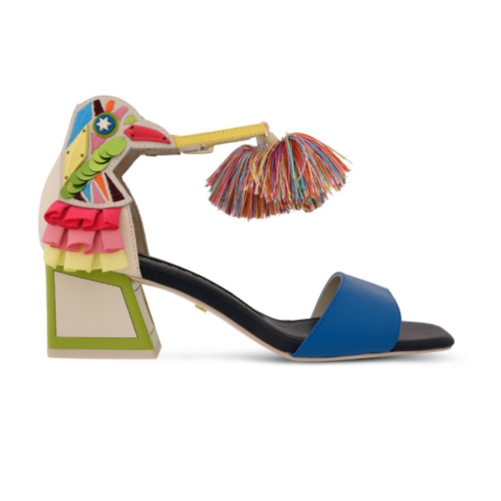 Colorful Block-Heel Sandal with Tassel Ankle Strap